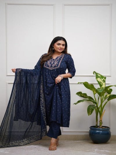 Navy Blue Zari Work Cotton Anarkali Suit Set - BONYHUBSALWAR KAMEEZ