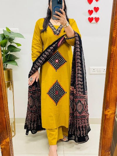 Yellow Jaipuri Handwork Cotton Straight Suit Set - BONYHUBSALWAR KAMEEZ