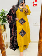 Yellow Jaipuri Handwork Cotton Straight Suit Set - BONYHUBSALWAR KAMEEZ