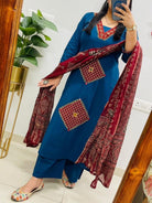 Royal Blue Jaipuri Handwork Cotton Straight Suit Set - BONYHUBSALWAR KAMEEZ