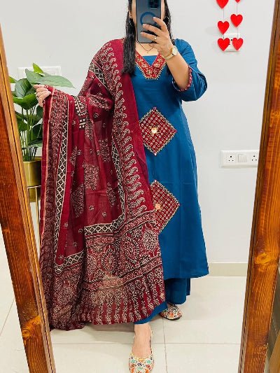 Royal Blue Jaipuri Handwork Cotton Straight Suit Set - BONYHUBSALWAR KAMEEZ