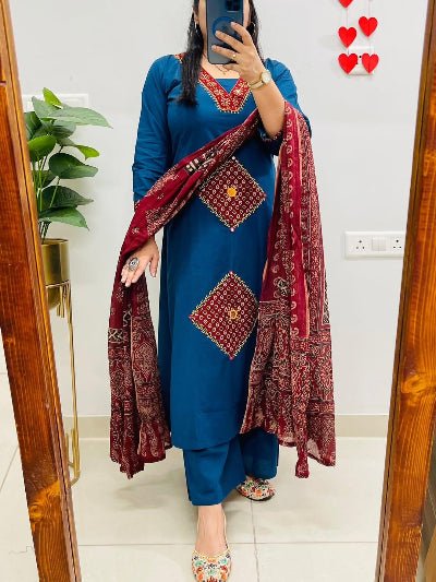 Royal Blue Jaipuri Handwork Cotton Straight Suit Set - BONYHUBSALWAR KAMEEZ