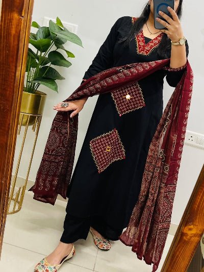 Black Jaipuri Handwork Cotton Straight Suit Set - BONYHUBSALWAR KAMEEZ