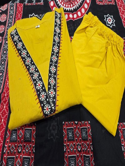 Yellow Jaipuri Handwork Cotton Straight Suit Set - BONYHUBSALWAR KAMEEZ