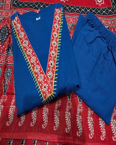 Royal Blue Jaipuri Handwork Cotton Straight Suit Set - BONYHUBSALWAR KAMEEZ