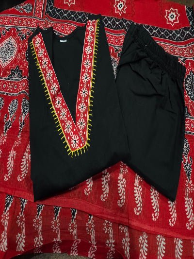 Black Jaipuri Handwork Cotton Straight Suit Set - BONYHUBSALWAR KAMEEZ