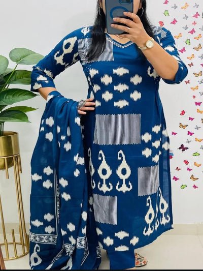 Blue Trendy Printed Cotton Straight Suit Set - BONYHUBSALWAR KAMEEZ
