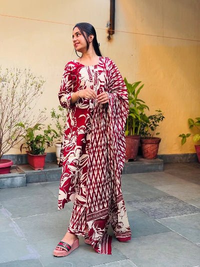 Red Trendy Printed Cotton Straight Suit Set - BONYHUBSALWAR KAMEEZ