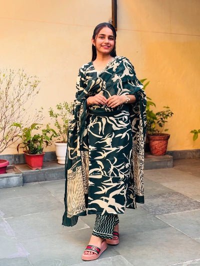 Bottle Green Trendy Printed Cotton Straight Suit Set - BONYHUBSALWAR KAMEEZ