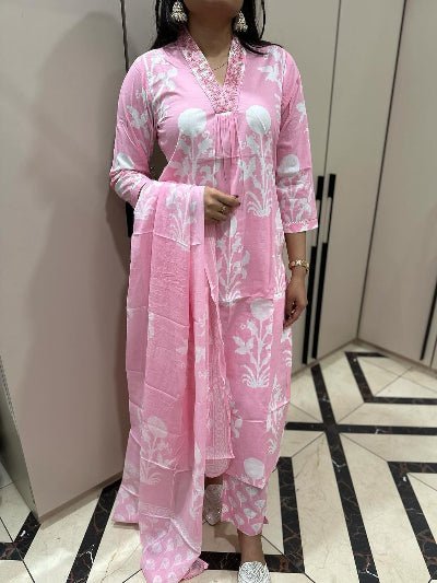 Baby Pink Trendy Printed Cotton Straight Suit Set - BONYHUBSALWAR KAMEEZ