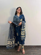 Peacock Blue Printed Cotton Straight Suit Set - BONYHUBSALWAR KAMEEZ