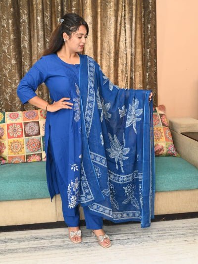Royal Blue Printed Cotton Straight Suit Set - BONYHUBSALWAR KAMEEZ