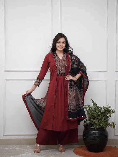 Maroon Elegant Mirror Work Cotton Anarkali Suit - BONYHUBSALWAR KAMEEZ