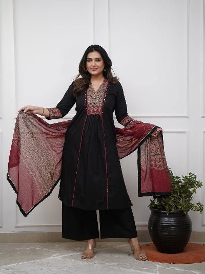 Black Elegant Mirror Work Cotton Anarkali Suit - BONYHUBSALWAR KAMEEZ