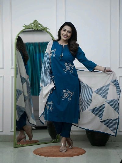 Teal Blue Classy Zari Embroidery Cotton Straight Suit Set - BONYHUBSALWAR KAMEEZ