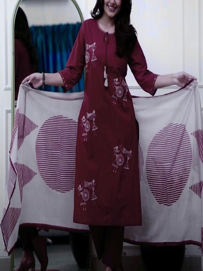 Maroon Elegant Zari Embroidery Cotton Straight Suit Set - BONYHUBSALWAR KAMEEZ