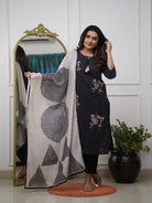 Black Elegant Zari Embroidery Cotton Straight Suit Set - BONYHUBSALWAR KAMEEZ