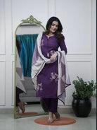 Purple Trendy Zari Embroidery Cotton Straight Suit Set - BONYHUBSALWAR KAMEEZ