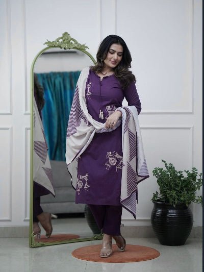 Purple Trendy Zari Embroidery Cotton Straight Suit Set - BONYHUBSALWAR KAMEEZ