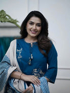 Teal Blue Classy Zari Embroidery Cotton Straight Suit Set - BONYHUBSALWAR KAMEEZ