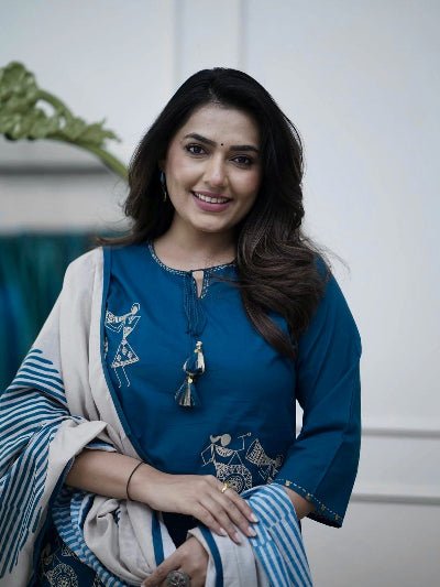 Teal Blue Classy Zari Embroidery Cotton Straight Suit Set - BONYHUBSALWAR KAMEEZ