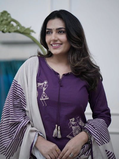 Purple Trendy Zari Embroidery Cotton Straight Suit Set - BONYHUBSALWAR KAMEEZ