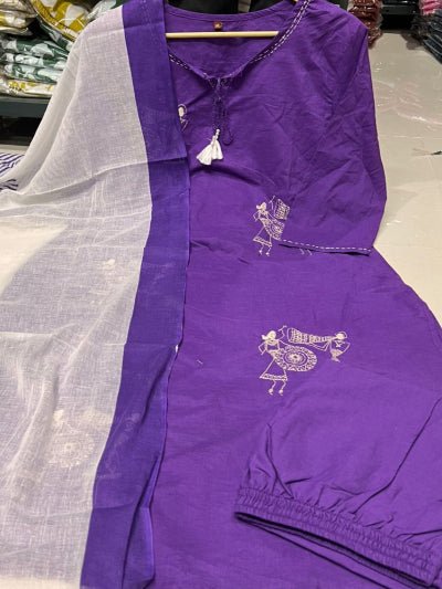 Purple Trendy Zari Embroidery Cotton Straight Suit Set - BONYHUBSALWAR KAMEEZ
