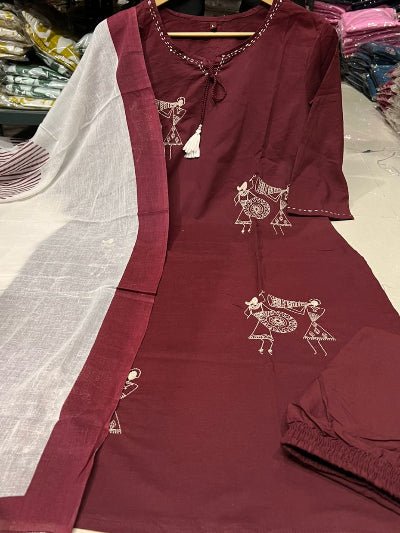Maroon Elegant Zari Embroidery Cotton Straight Suit Set - BONYHUBSALWAR KAMEEZ