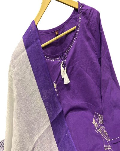 Purple Trendy Zari Embroidery Cotton Straight Suit Set - BONYHUBSALWAR KAMEEZ