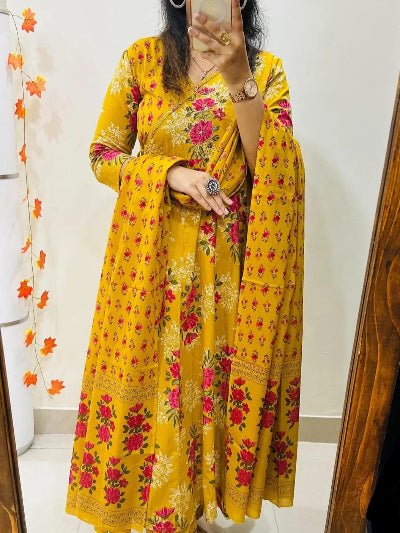 Yellow Jaipuri Azrak Print Yellow Cotton Anarkali Suit Set - BONYHUBSALWAR KAMEEZ