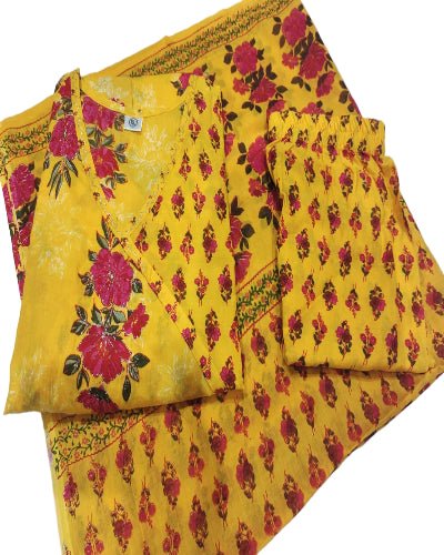 Yellow Jaipuri Azrak Print Yellow Cotton Anarkali Suit Set - BONYHUBSALWAR KAMEEZ