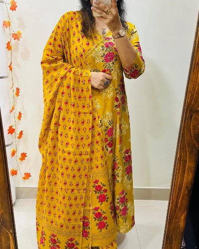 Yellow Jaipuri Azrak Print Yellow Cotton Anarkali Suit Set - BONYHUBSALWAR KAMEEZ