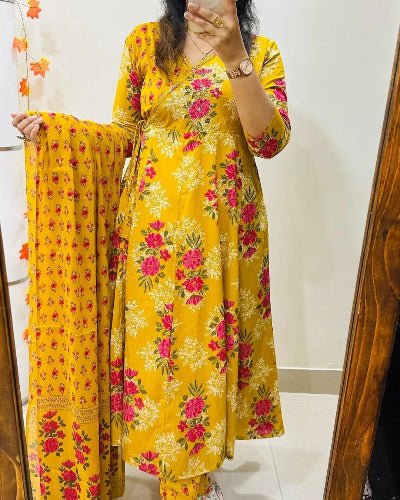 Yellow Jaipuri Azrak Print Yellow Cotton Anarkali Suit Set - BONYHUBSALWAR KAMEEZ