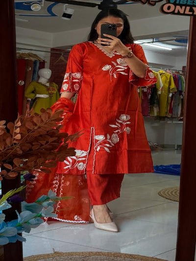 Bright Orange Elegant Embroidery Cotton Straight Suit Set - BONYHUBSALWAR KAMEEZ