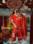 Bright Orange Elegant Embroidery Cotton Straight Suit Set - BONYHUBSALWAR KAMEEZ