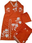 Bright Orange Elegant Embroidery Cotton Straight Suit Set - BONYHUBSALWAR KAMEEZ