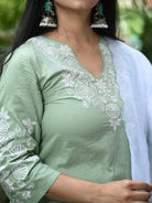 Pastel Green Handcrafted Embroidery Cotton Straight Suit Set - BONYHUBSALWAR KAMEEZ