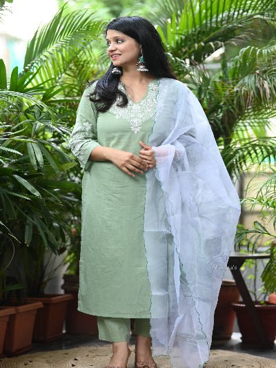 Pastel Green Handcrafted Embroidery Cotton Straight Suit Set - BONYHUBSALWAR KAMEEZ