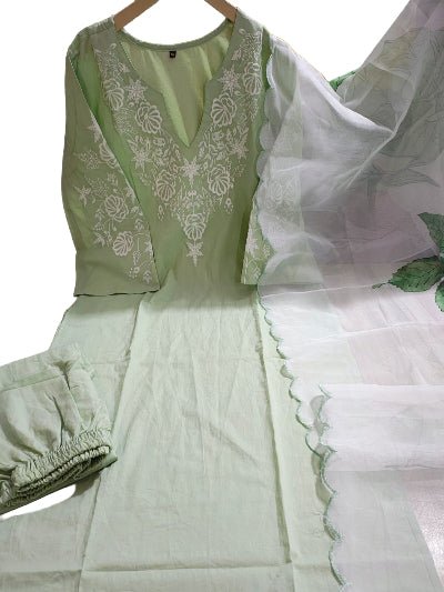 Pastel Green Handcrafted Embroidery Cotton Straight Suit Set - BONYHUBSALWAR KAMEEZ