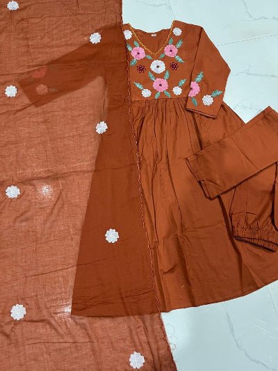 Terracotta Orange Embroidery Cotton Anarkali Suit Set - BONYHUBSALWAR KAMEEZ