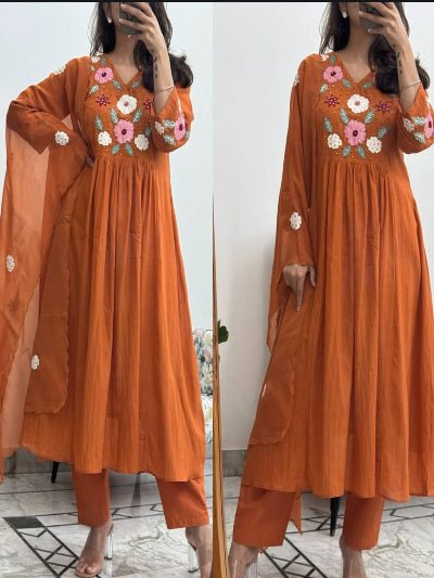 Terracotta Orange Embroidery Cotton Anarkali Suit Set - BONYHUBSALWAR KAMEEZ