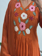 Terracotta Orange Embroidery Cotton Anarkali Suit Set - BONYHUBSALWAR KAMEEZ
