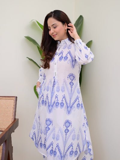 Blue Printed Neck Work Kurti Pant Set Of 2 - BONYHUBSALWAR KAMEEZ