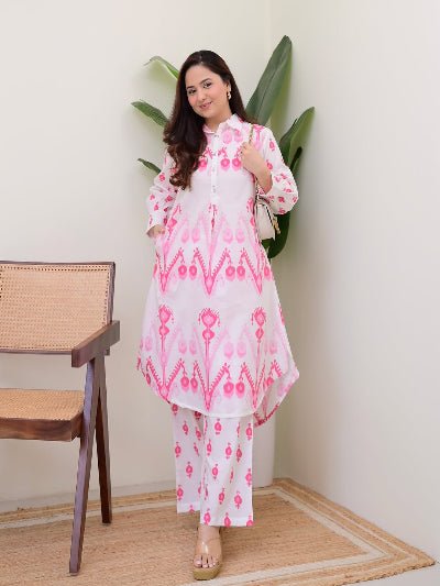 Pink Printed Neck Work Kurti Pant Set Of 2 - BONYHUBSALWAR KAMEEZ