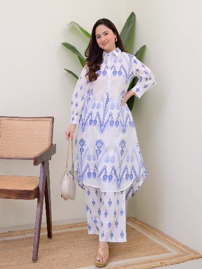 Blue Printed Neck Work Kurti Pant Set Of 2 - BONYHUBSALWAR KAMEEZ