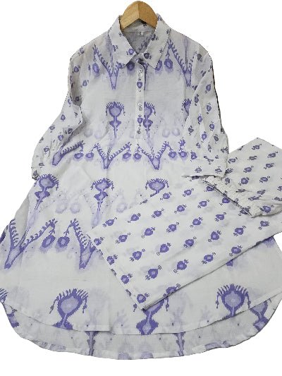 Blue Printed Neck Work Kurti Pant Set Of 2 - BONYHUBSALWAR KAMEEZ