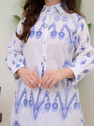 Blue Printed Neck Work Kurti Pant Set Of 2 - BONYHUBSALWAR KAMEEZ