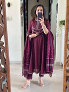 Dark Wine Adda Work Cotton Anarkali Suit Set - BONYHUBSALWAR KAMEEZ