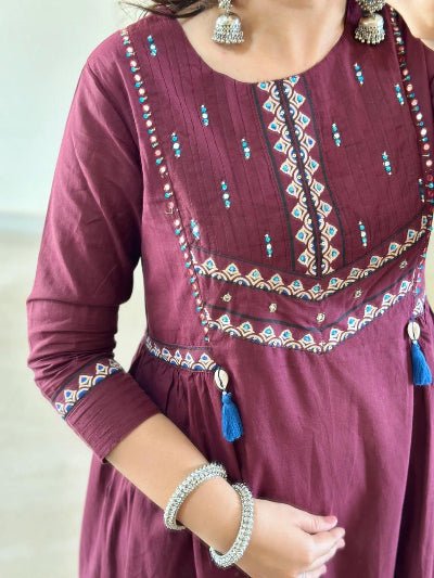 Dark Wine Adda Work Cotton Anarkali Suit Set - BONYHUBSALWAR KAMEEZ