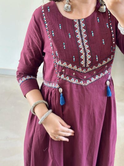 Dark Wine Adda Work Cotton Anarkali Suit Set - BONYHUBSALWAR KAMEEZ